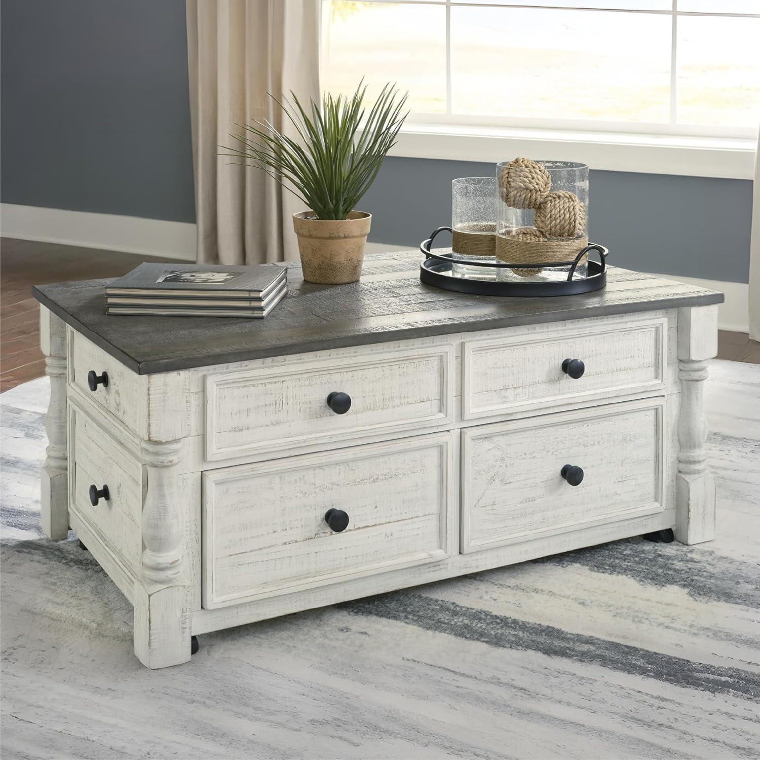 imageSignature Design by Ashley Havalance Farmhouse Lift Top Coffee Table with Fixed Shelf and 2 Hidden Storage Trays Gray ampamp White with Weathered FinishStorage