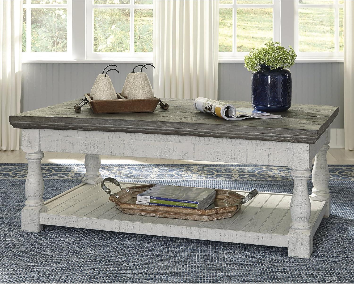 imageSignature Design by Ashley Havalance Farmhouse Lift Top Coffee Table with Fixed Shelf and 2 Hidden Storage Trays Gray ampamp White with Weathered FinishOpen
