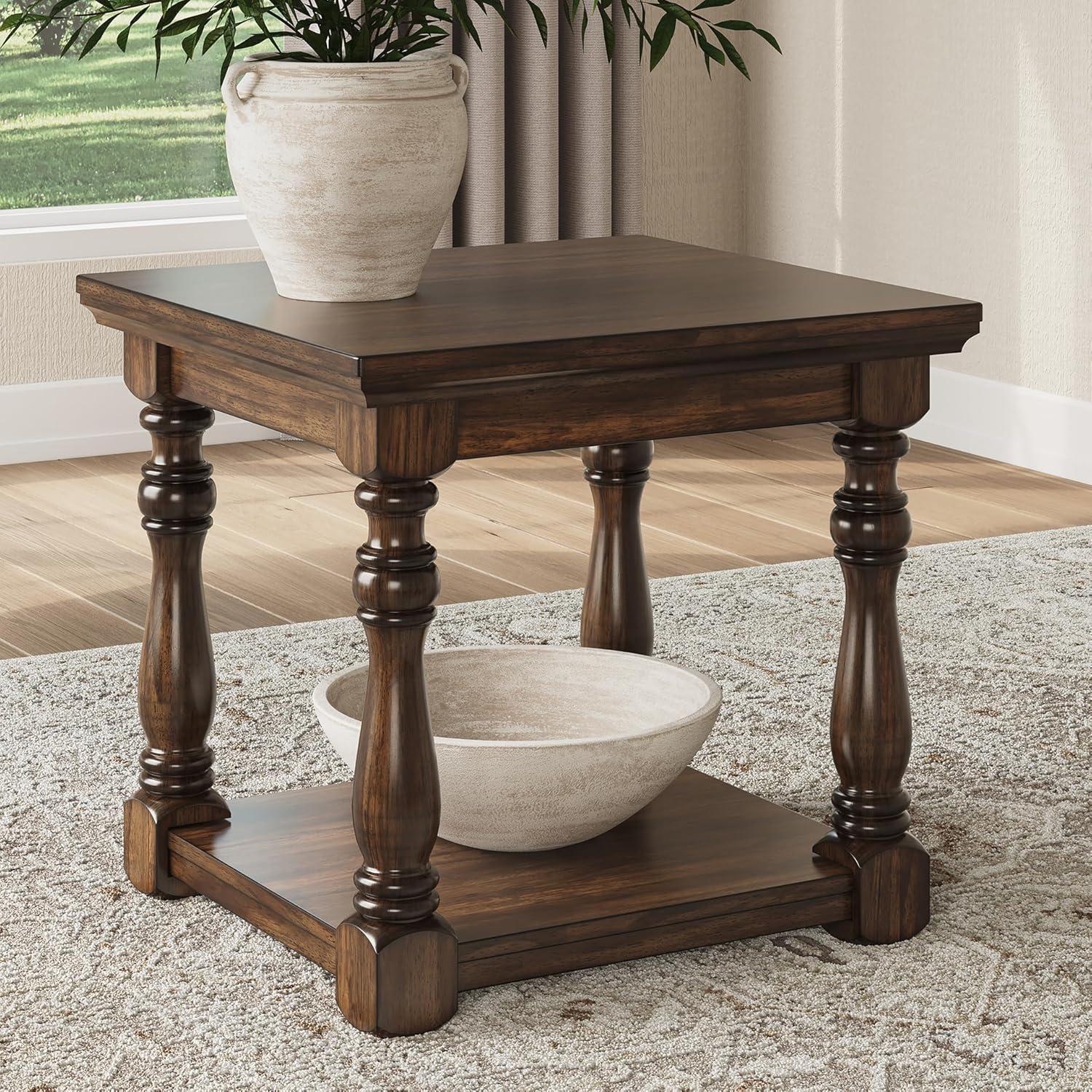 imageSignature Design by Ashley Havalance Farmhouse Square End Table with Floor Shelf Vintage Gray ampamp White with Weathered FinishBrown