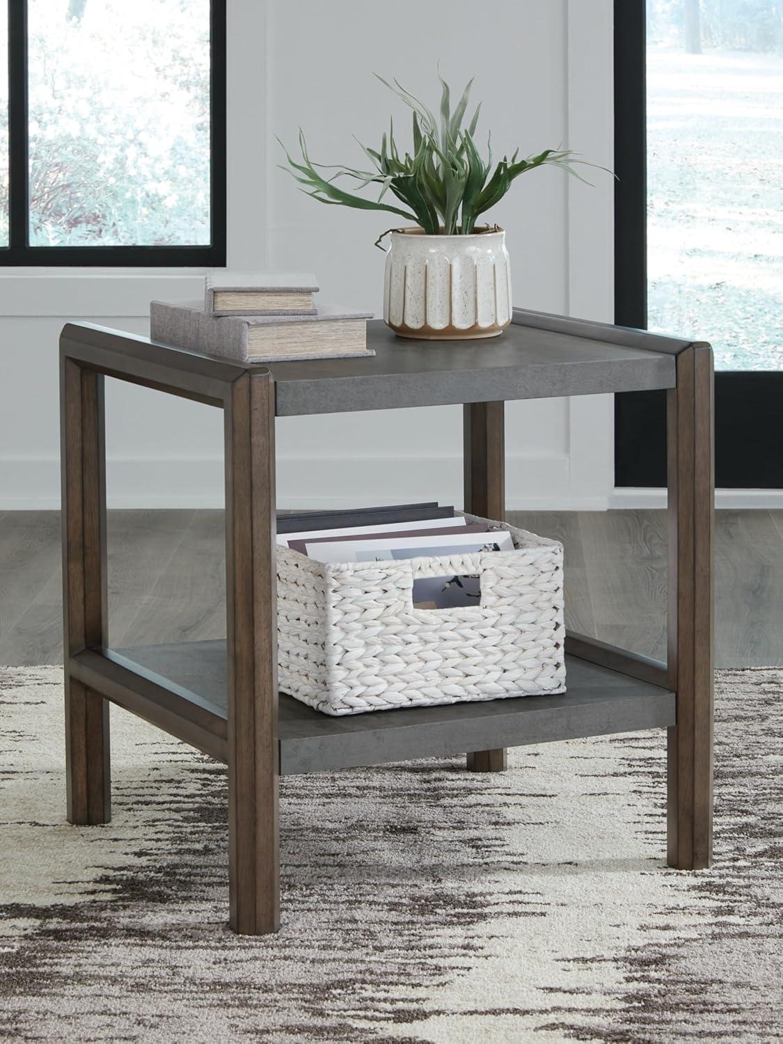 imageSignature Design by Ashley Havalance Farmhouse Square End Table with Floor Shelf Vintage Gray ampamp White with Weathered FinishBrownGray