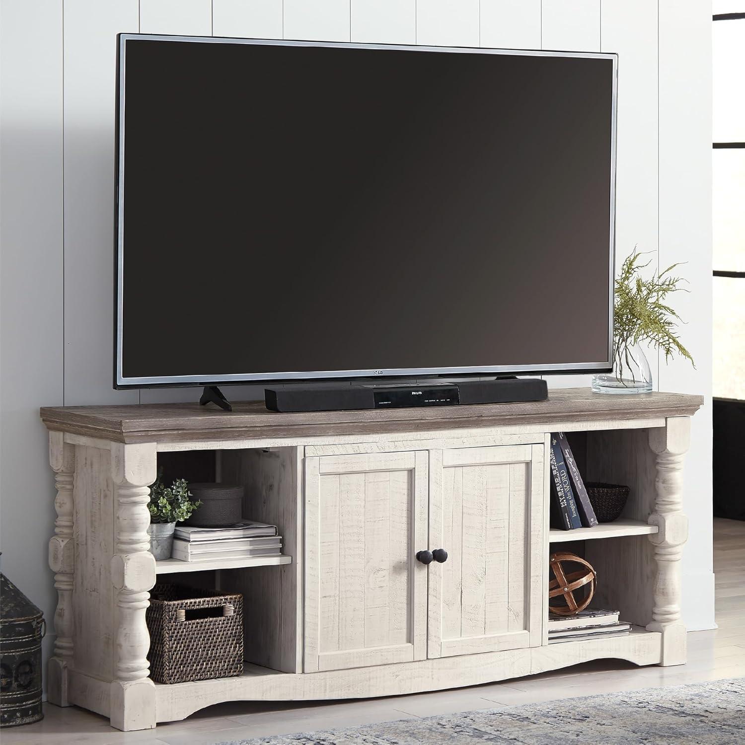 imageSignature Design by Ashley Havalance Farmhouse TV Stand Fits TVs up to 65quot 2 Door Cabinet and Shelves For Storage Vintage White ampamp Weathered GrayExtra Large with Shelving