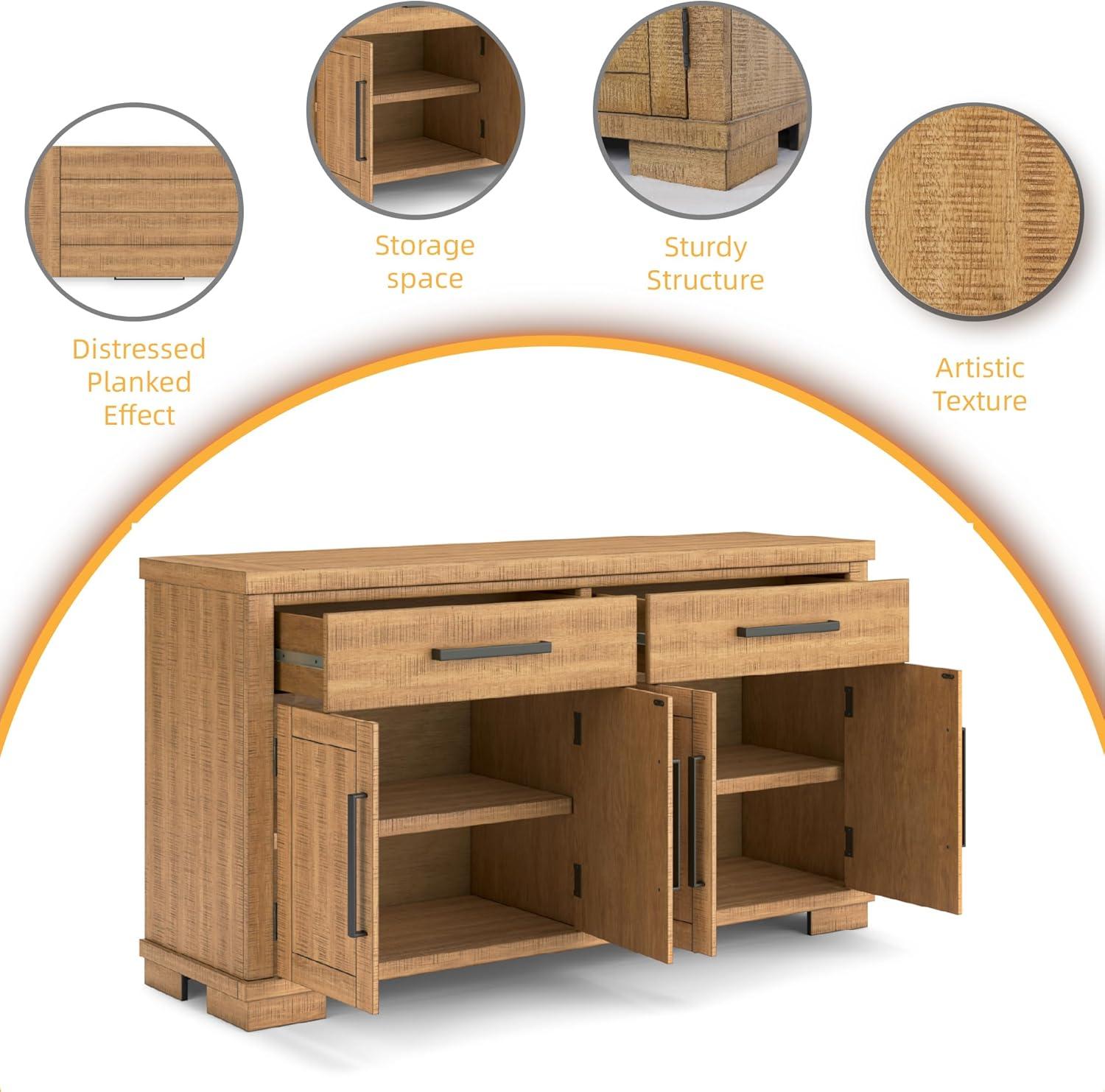 imageSignature Design by Ashley Havonplane Rustic Distressed 4Door Dining Server with Adjustable Shelves and FeltLined Drawers Light Brown