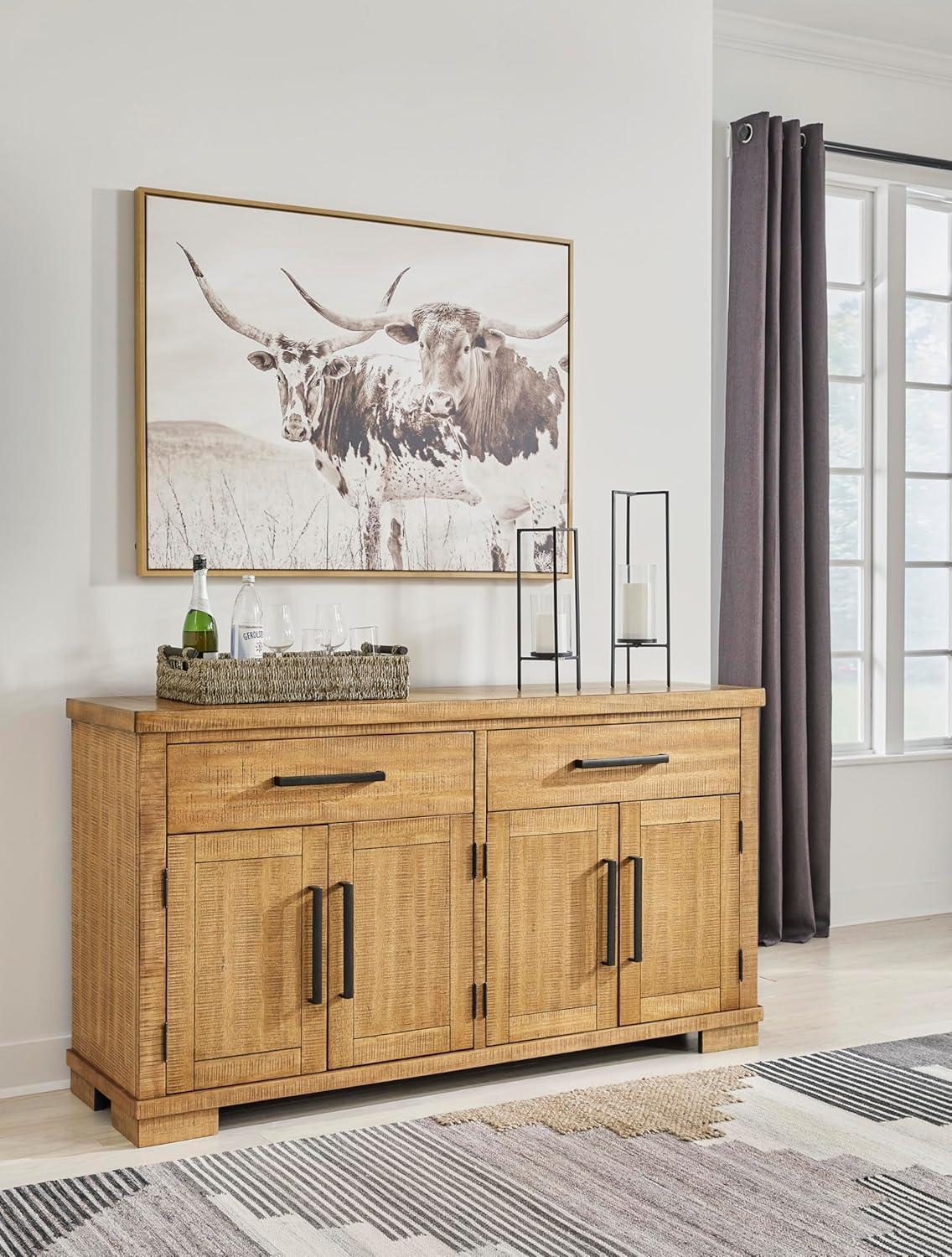 imageSignature Design by Ashley Havonplane Rustic Distressed 4Door Dining Server with Adjustable Shelves and FeltLined Drawers Light Brown