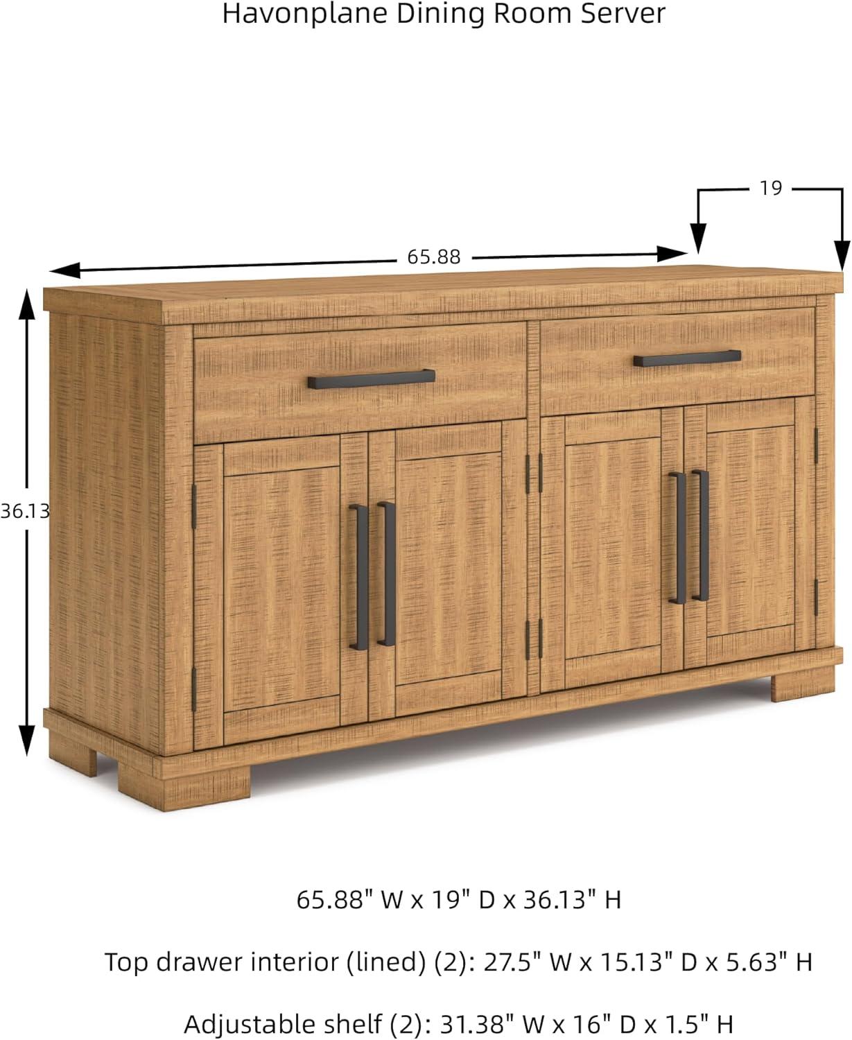 imageSignature Design by Ashley Havonplane Rustic Distressed 4Door Dining Server with Adjustable Shelves and FeltLined Drawers Light Brown