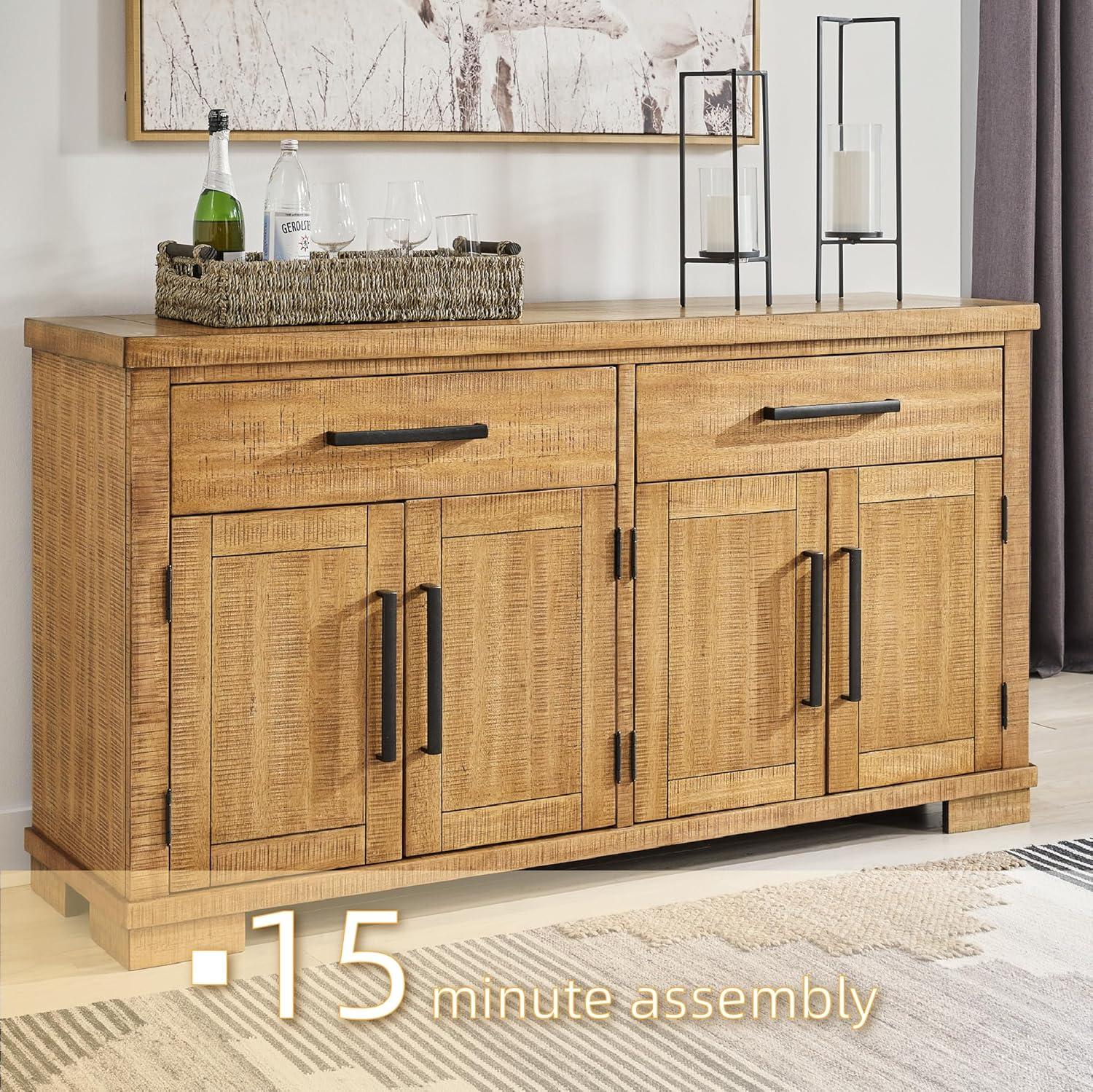 imageSignature Design by Ashley Havonplane Rustic Distressed 4Door Dining Server with Adjustable Shelves and FeltLined Drawers Light Brown