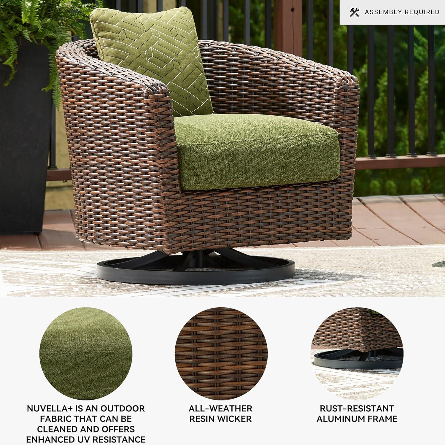 imageSignature Design by Ashley Horizon Hall Casual Nuvella Weather Resistant Fabric Outdoor Swivel Lounge Chair with Cushion and 1 Throw Pillow Green ampamp Dark Brown