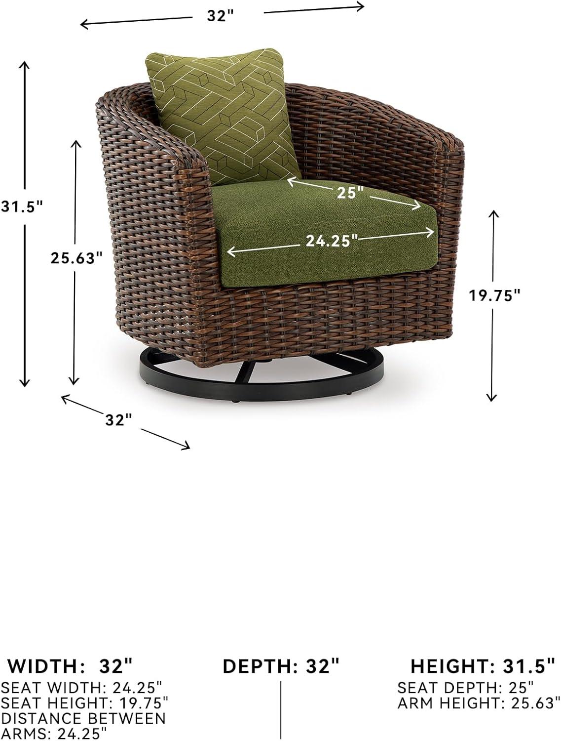 imageSignature Design by Ashley Horizon Hall Casual Nuvella Weather Resistant Fabric Outdoor Swivel Lounge Chair with Cushion and 1 Throw Pillow Green ampamp Dark Brown