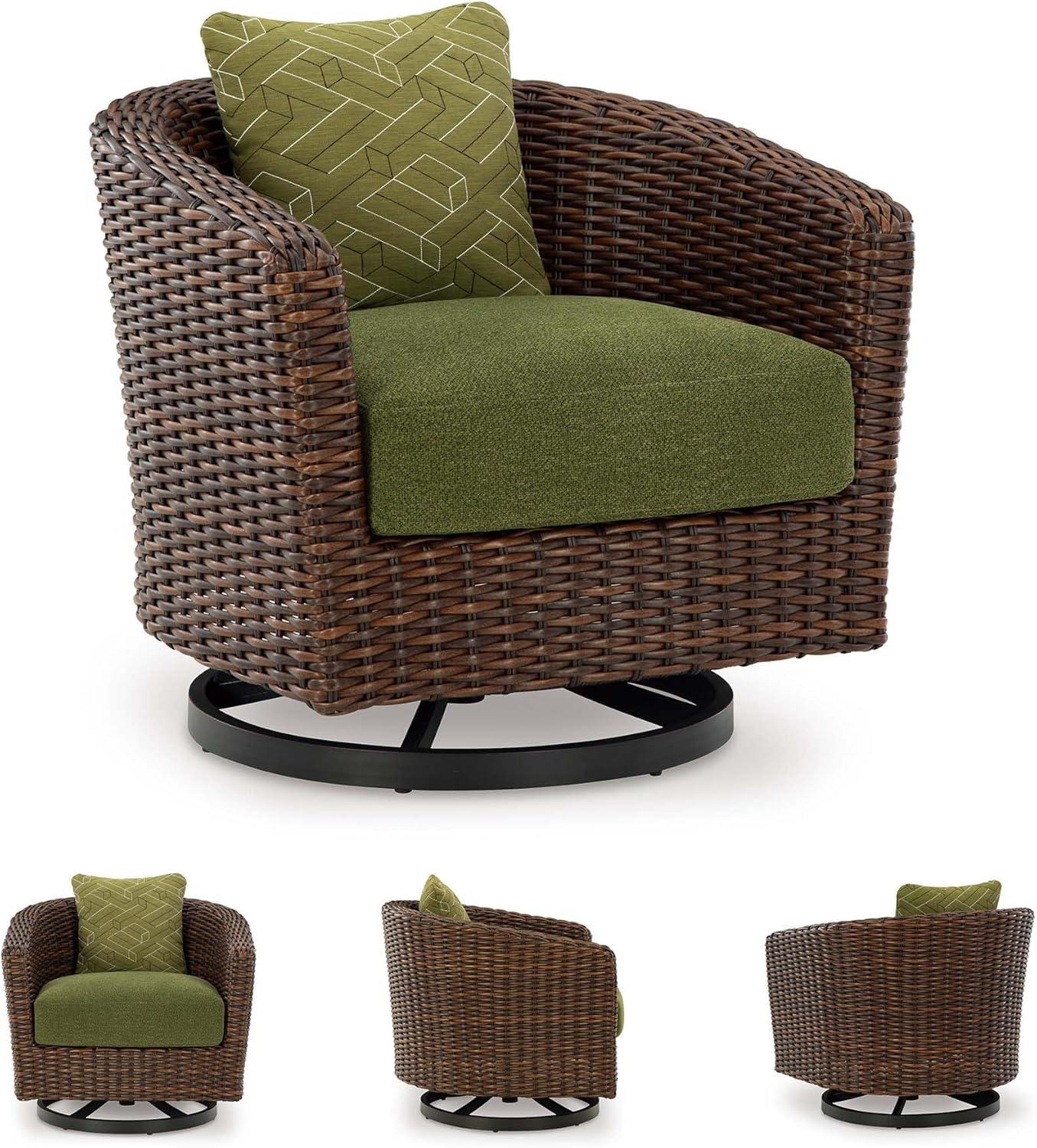 imageSignature Design by Ashley Horizon Hall Casual Nuvella Weather Resistant Fabric Outdoor Swivel Lounge Chair with Cushion and 1 Throw Pillow Green ampamp Dark Brown