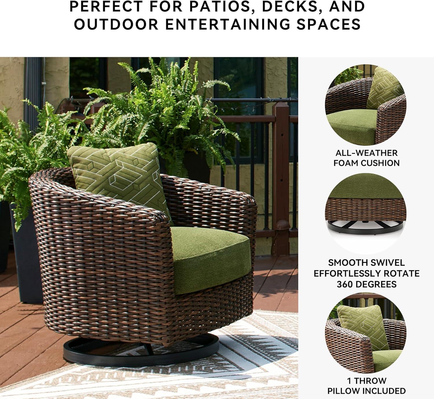 imageSignature Design by Ashley Horizon Hall Casual Nuvella Weather Resistant Fabric Outdoor Swivel Lounge Chair with Cushion and 1 Throw Pillow Green ampamp Dark Brown