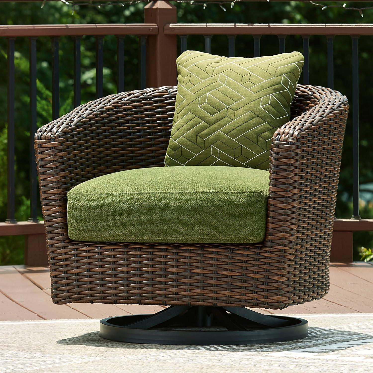 imageSignature Design by Ashley Horizon Hall Casual Nuvella Weather Resistant Fabric Outdoor Swivel Lounge Chair with Cushion and 1 Throw Pillow Green ampamp Dark Brown