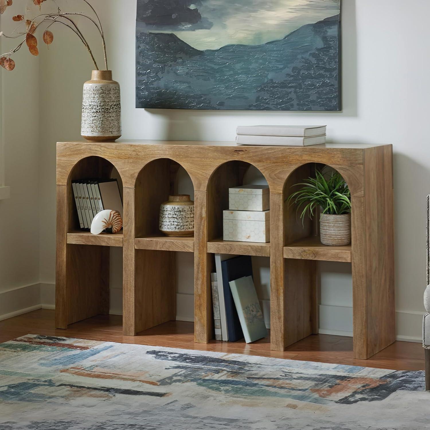 imageSignature Design by Ashley Luzmanacy Casual Solid Mango Wood Console Sofa Table with Shelf Light Brown