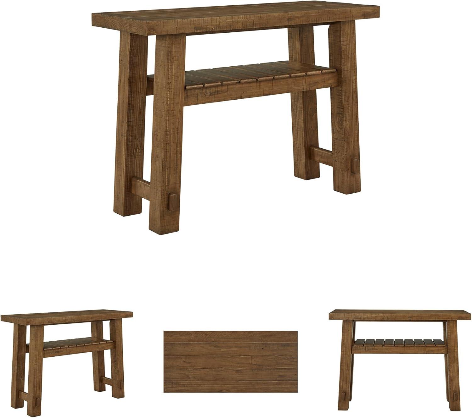 imageSignature Design by Ashley Mackifeld Farmhouse Distressed Sofa Table with Slatted Shelf Post and Beam Construction Light Brown