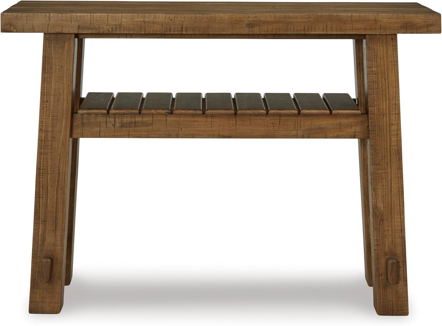 imageSignature Design by Ashley Mackifeld Farmhouse Distressed Sofa Table with Slatted Shelf Post and Beam Construction Light Brown