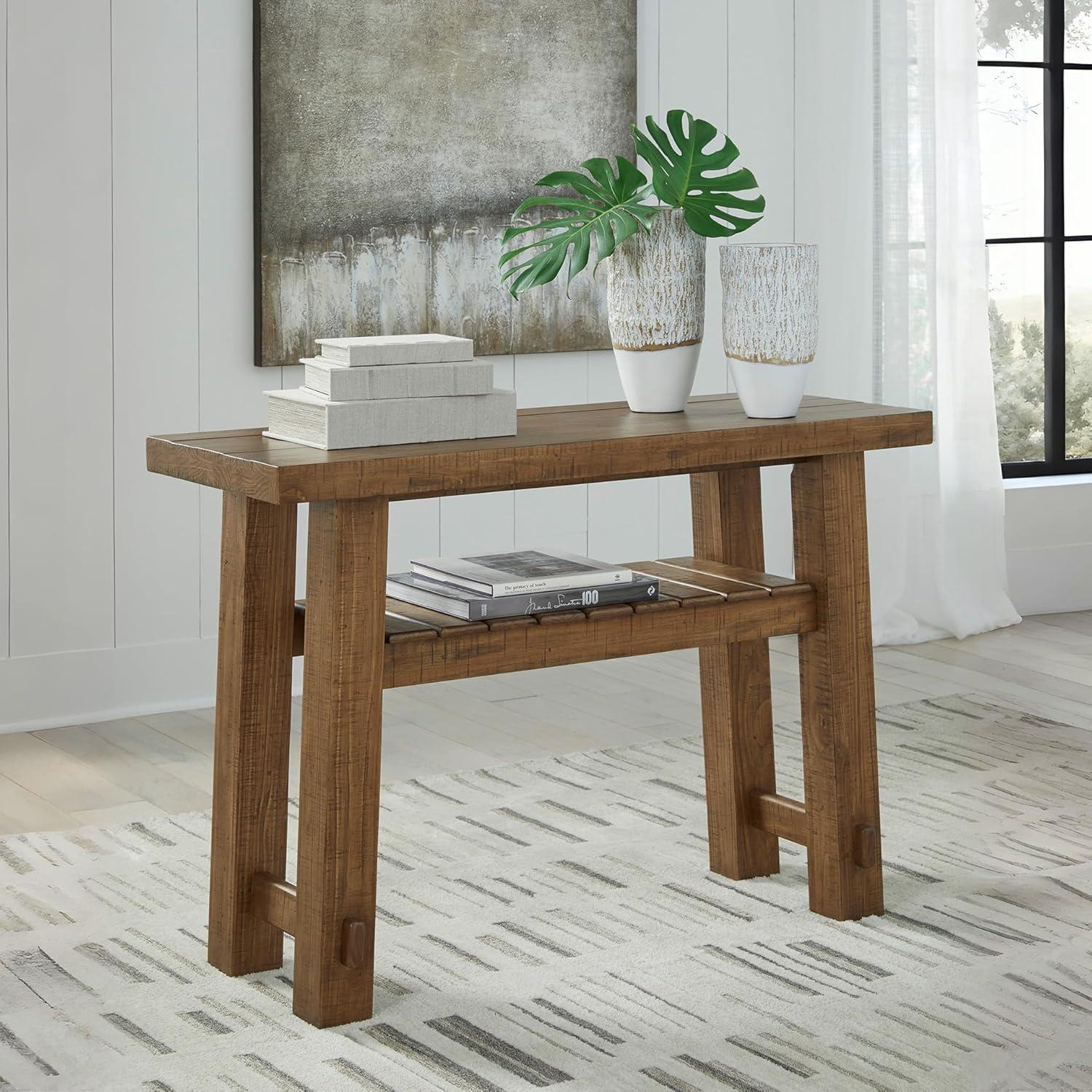 imageSignature Design by Ashley Mackifeld Farmhouse Distressed Sofa Table with Slatted Shelf Post and Beam Construction Light Brown