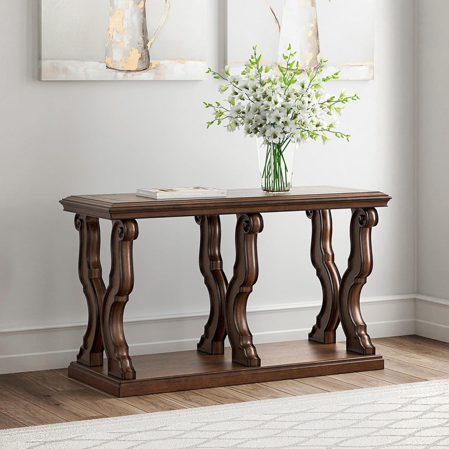 imageSignature Design by Ashley Maylee Classic Sofa Table with Open Shelf and Scroll Legs Dark Brown