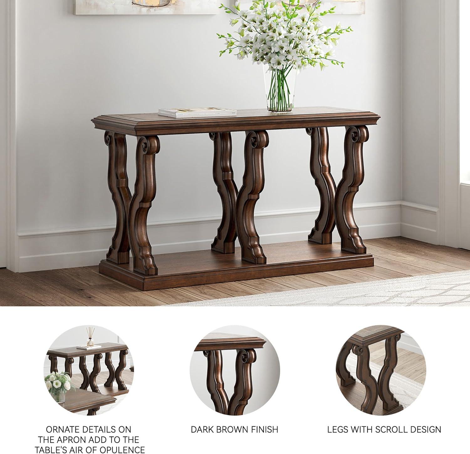 imageSignature Design by Ashley Maylee Classic Sofa Table with Open Shelf and Scroll Legs Dark Brown