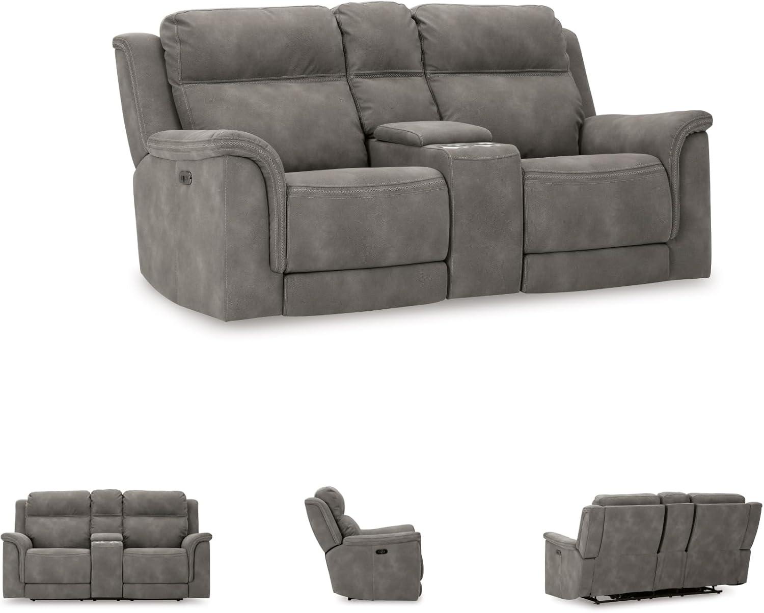 imageSignature Design by Ashley NextGen DuraPella Power Reclining Loveseat with Center Console and Adjustable Headrest BeigeGrey