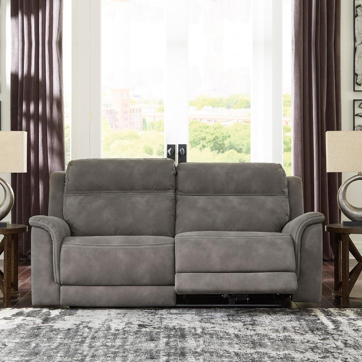 imageSignature Design by Ashley NextGen DuraPella Power Reclining Loveseat with Center Console and Adjustable Headrest BeigeGrey