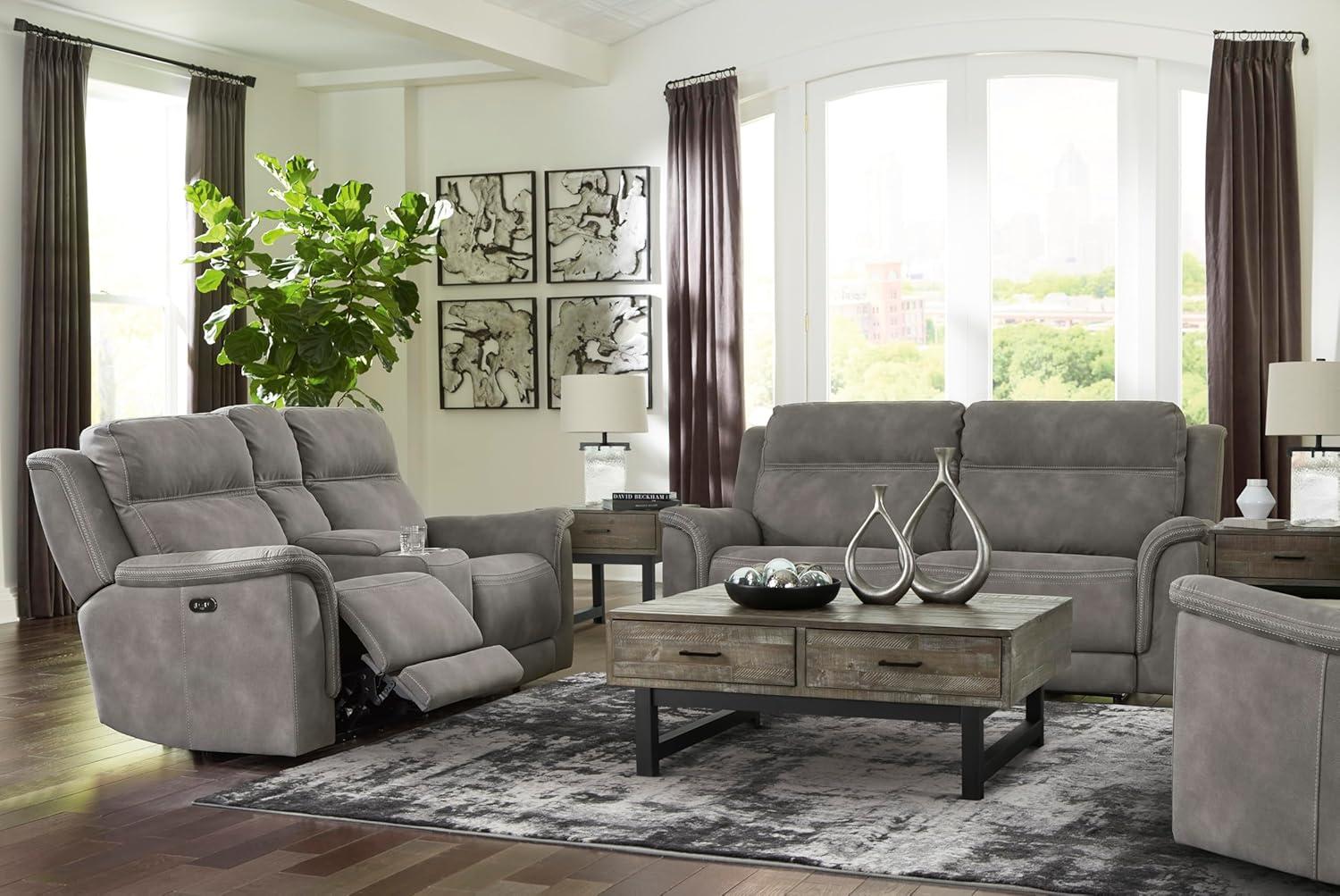 imageSignature Design by Ashley NextGen DuraPella Power Reclining Loveseat with Center Console and Adjustable Headrest BeigeGrey