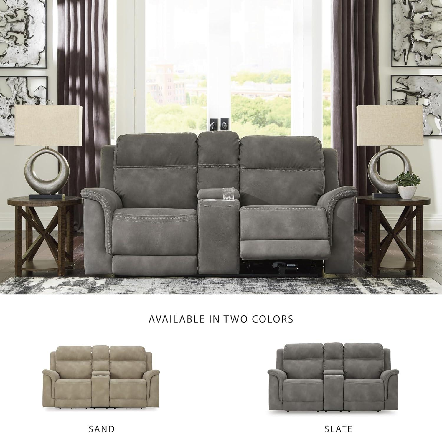 imageSignature Design by Ashley NextGen DuraPella Power Reclining Loveseat with Center Console and Adjustable Headrest BeigeGrey