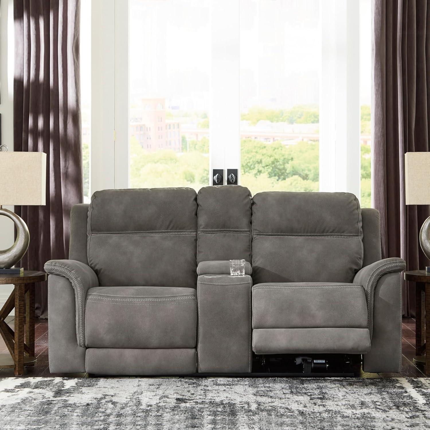 imageSignature Design by Ashley NextGen DuraPella Power Reclining Loveseat with Center Console and Adjustable Headrest BeigeGrey