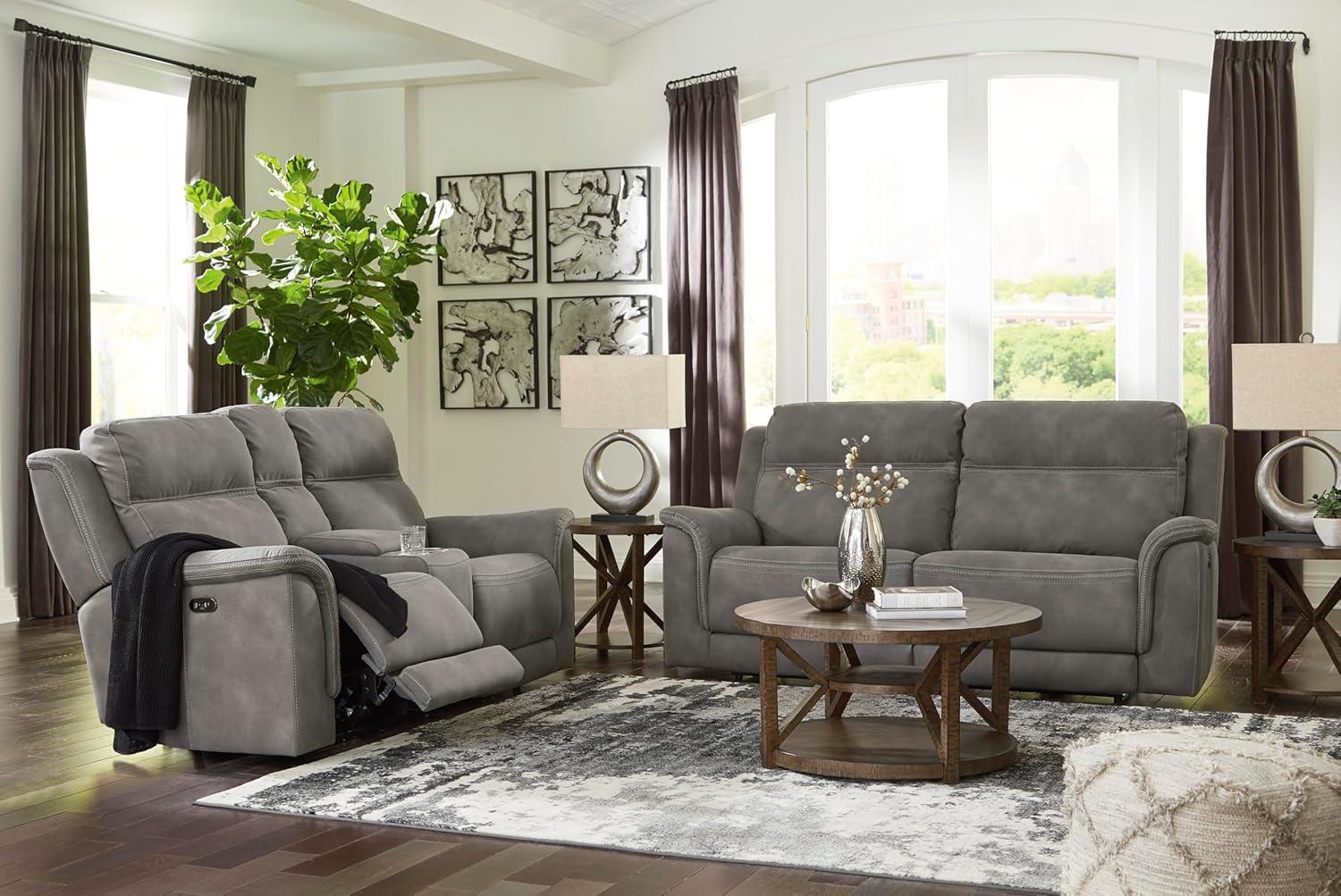 imageSignature Design by Ashley NextGen DuraPella Power Reclining Loveseat with Center Console and Adjustable Headrest BeigeGrey