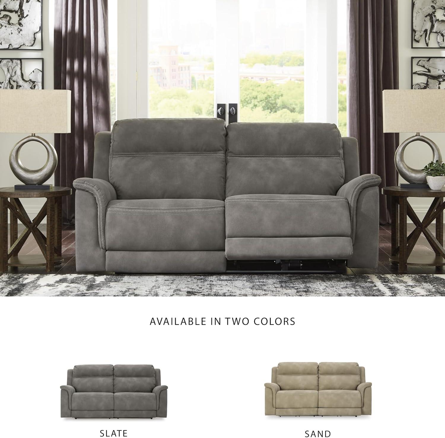imageSignature Design by Ashley NextGen DuraPella Power Reclining Loveseat with Center Console and Adjustable Headrest BeigeGrey