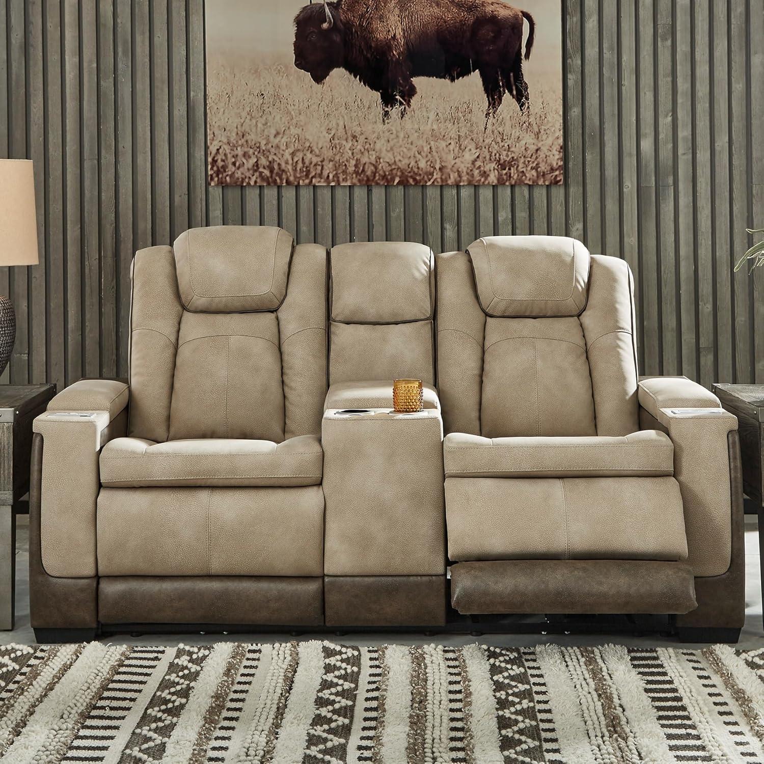 imageSignature Design by Ashley NextGen DuraPella Power Reclining Loveseat with Console ampamp Adjustable Headrest SandBeige