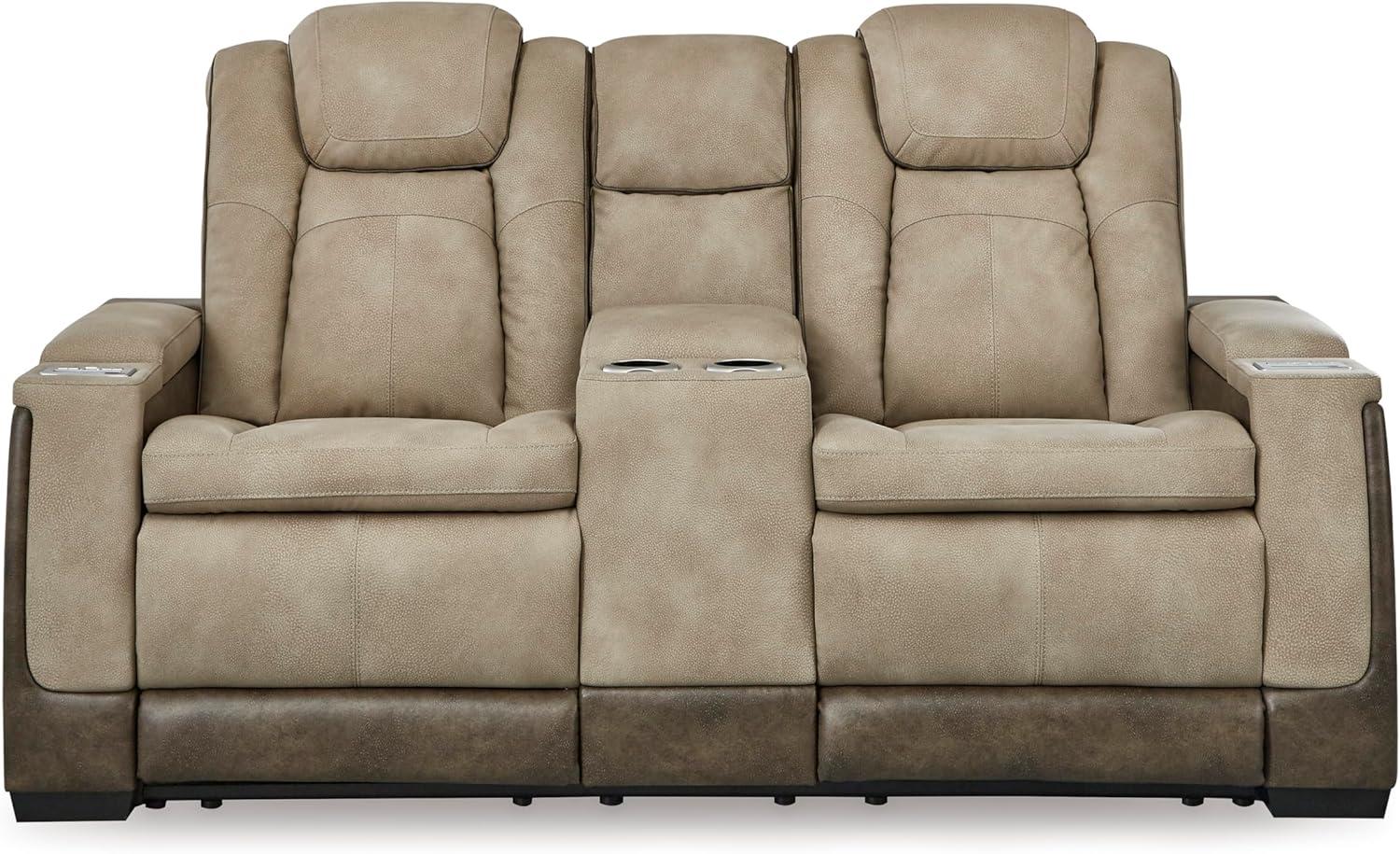 imageSignature Design by Ashley NextGen DuraPella Power Reclining Loveseat with Console ampamp Adjustable Headrest SandBeige