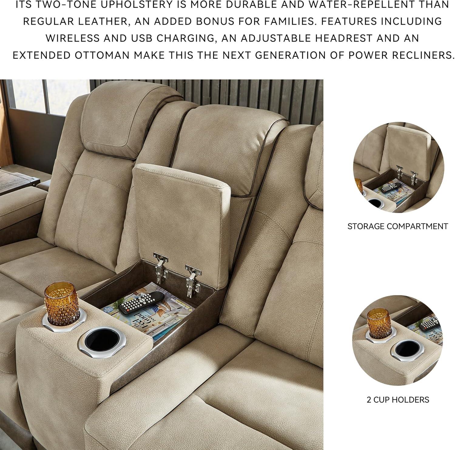 imageSignature Design by Ashley NextGen DuraPella Power Reclining Loveseat with Console ampamp Adjustable Headrest SandBeige
