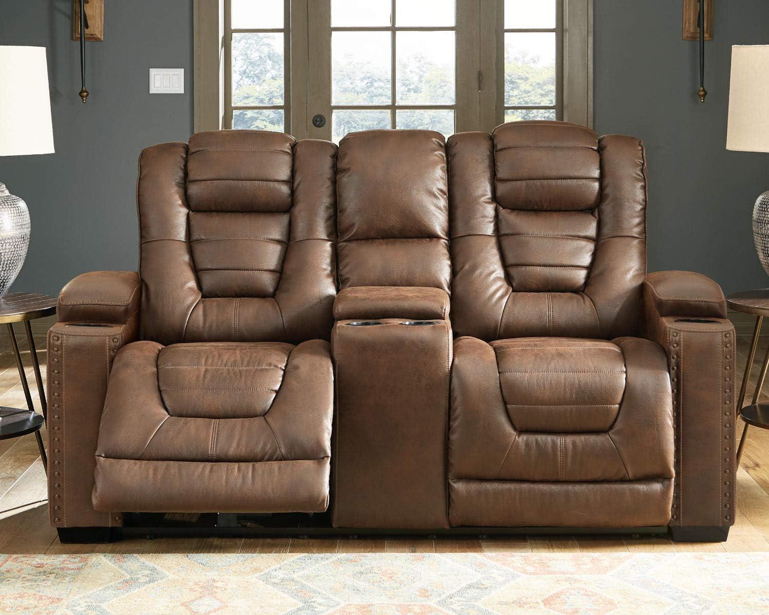 imageSignature Design by Ashley NextGen DuraPella Power Reclining Loveseat with Console ampamp Adjustable Headrest SandBrown