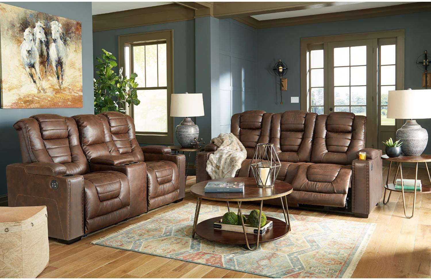 imageSignature Design by Ashley NextGen DuraPella Power Reclining Loveseat with Console ampamp Adjustable Headrest SandBrown