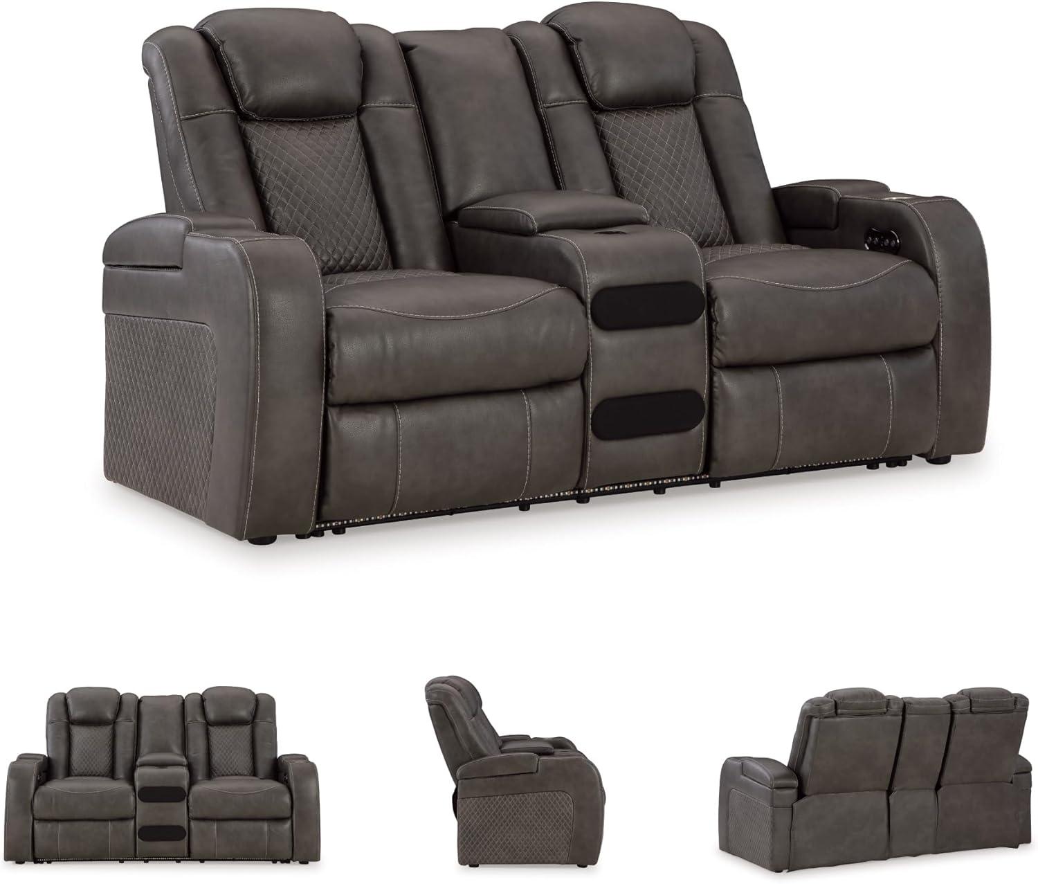 imageSignature Design by Ashley NextGen DuraPella Power Reclining Loveseat with Console ampamp Adjustable Headrest SandDark Gray