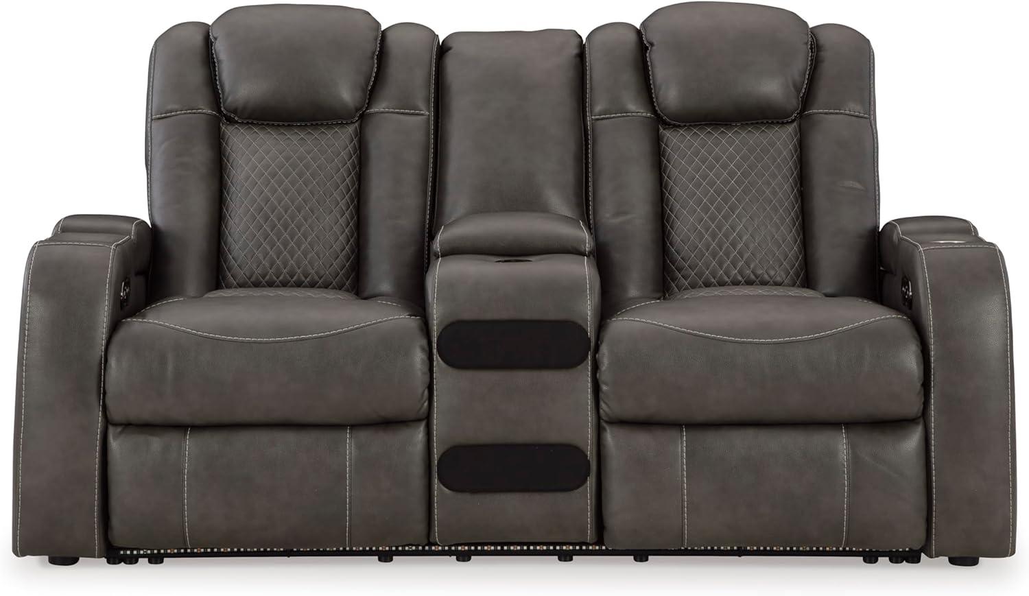 imageSignature Design by Ashley NextGen DuraPella Power Reclining Loveseat with Console ampamp Adjustable Headrest SandDark Gray