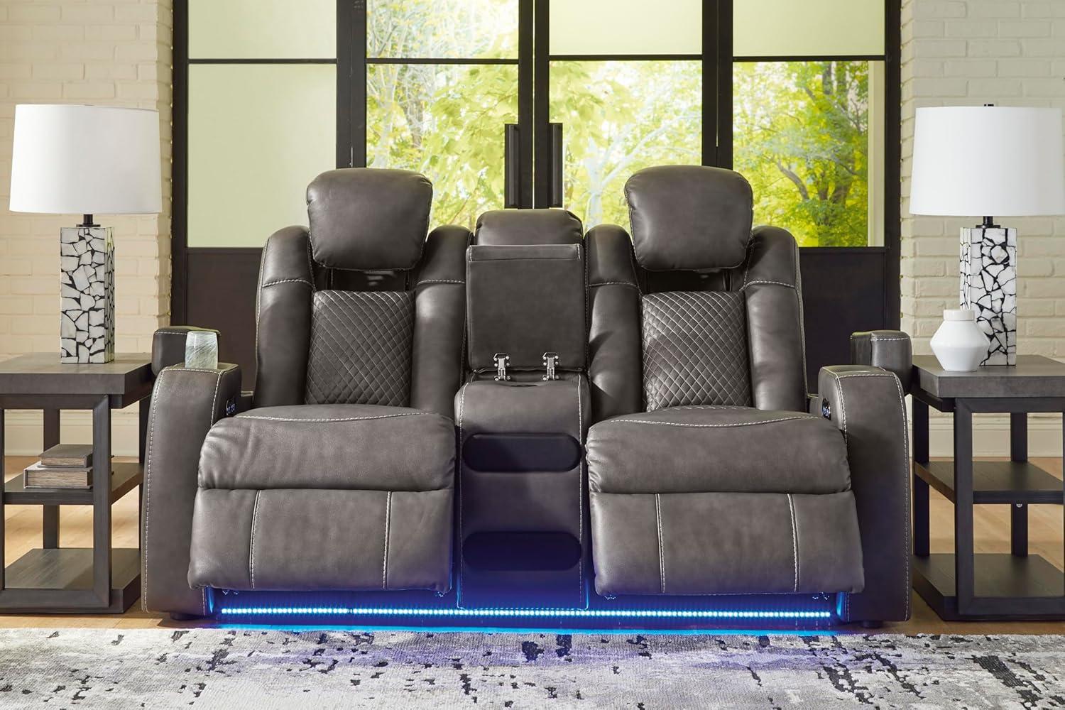 imageSignature Design by Ashley NextGen DuraPella Power Reclining Loveseat with Console ampamp Adjustable Headrest SandDark Gray
