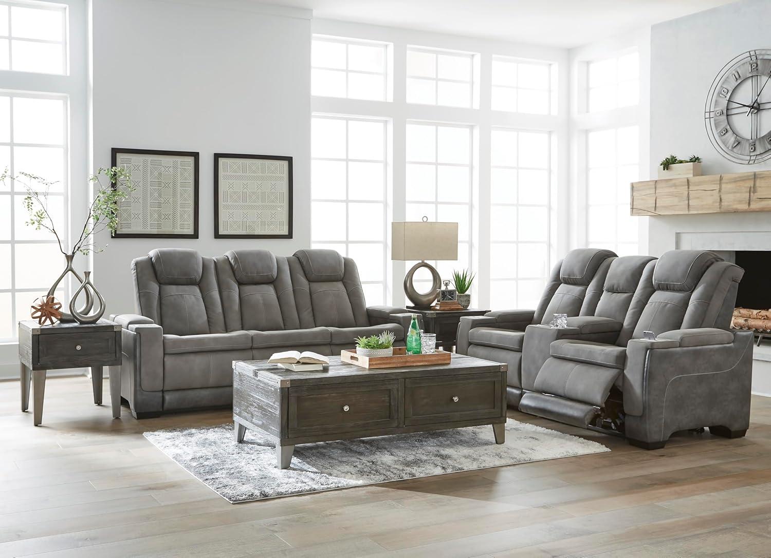 imageSignature Design by Ashley NextGen DuraPella Power Reclining Loveseat with Console ampamp Adjustable Headrest SandGrey