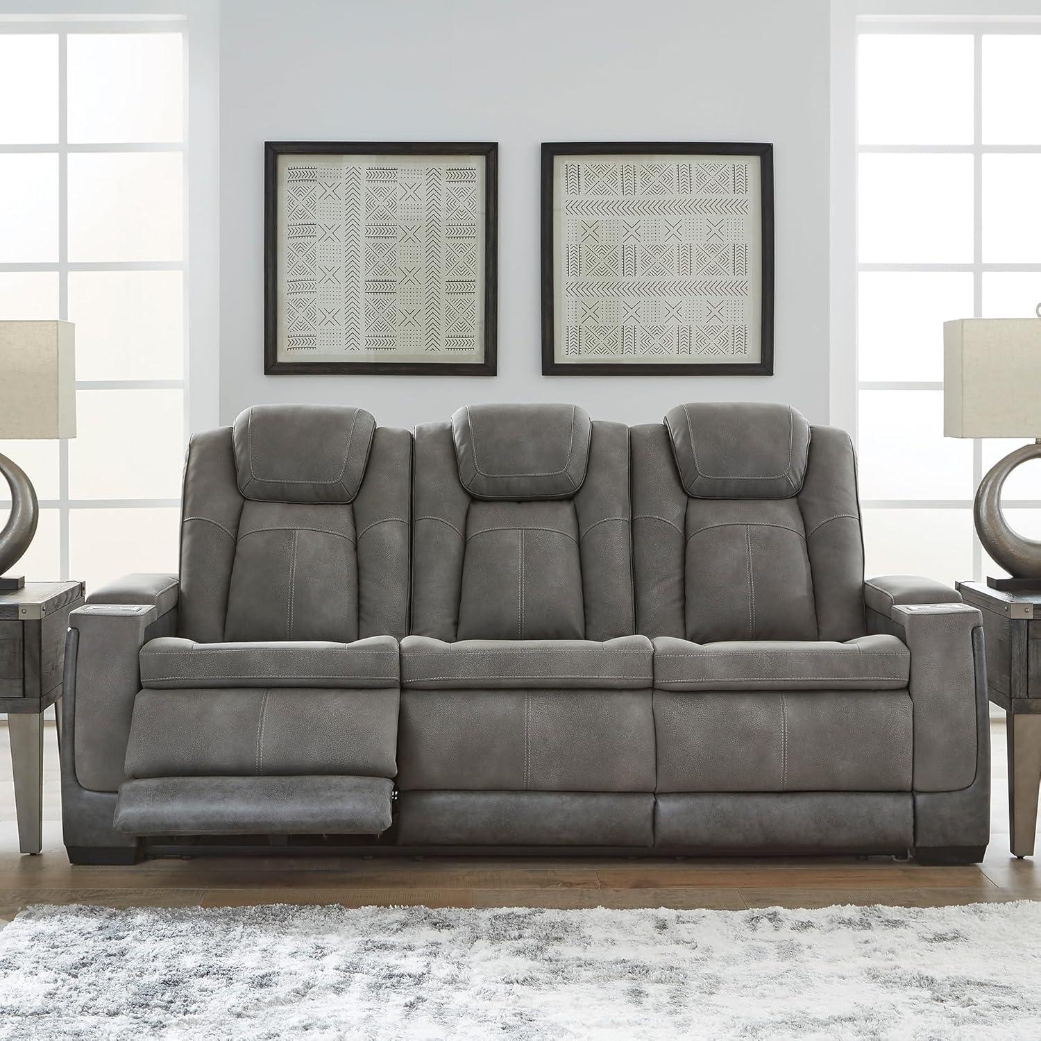 imageSignature Design by Ashley NextGen DuraPella Power Reclining Loveseat with Console ampamp Adjustable Headrest SandGrey