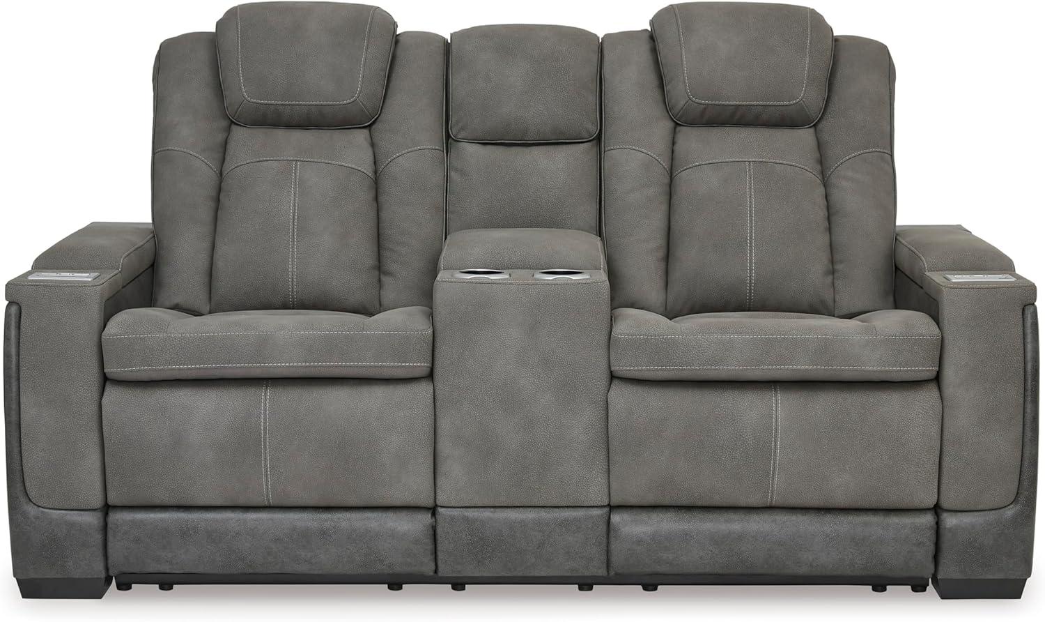 imageSignature Design by Ashley NextGen DuraPella Power Reclining Loveseat with Console ampamp Adjustable Headrest SandGrey