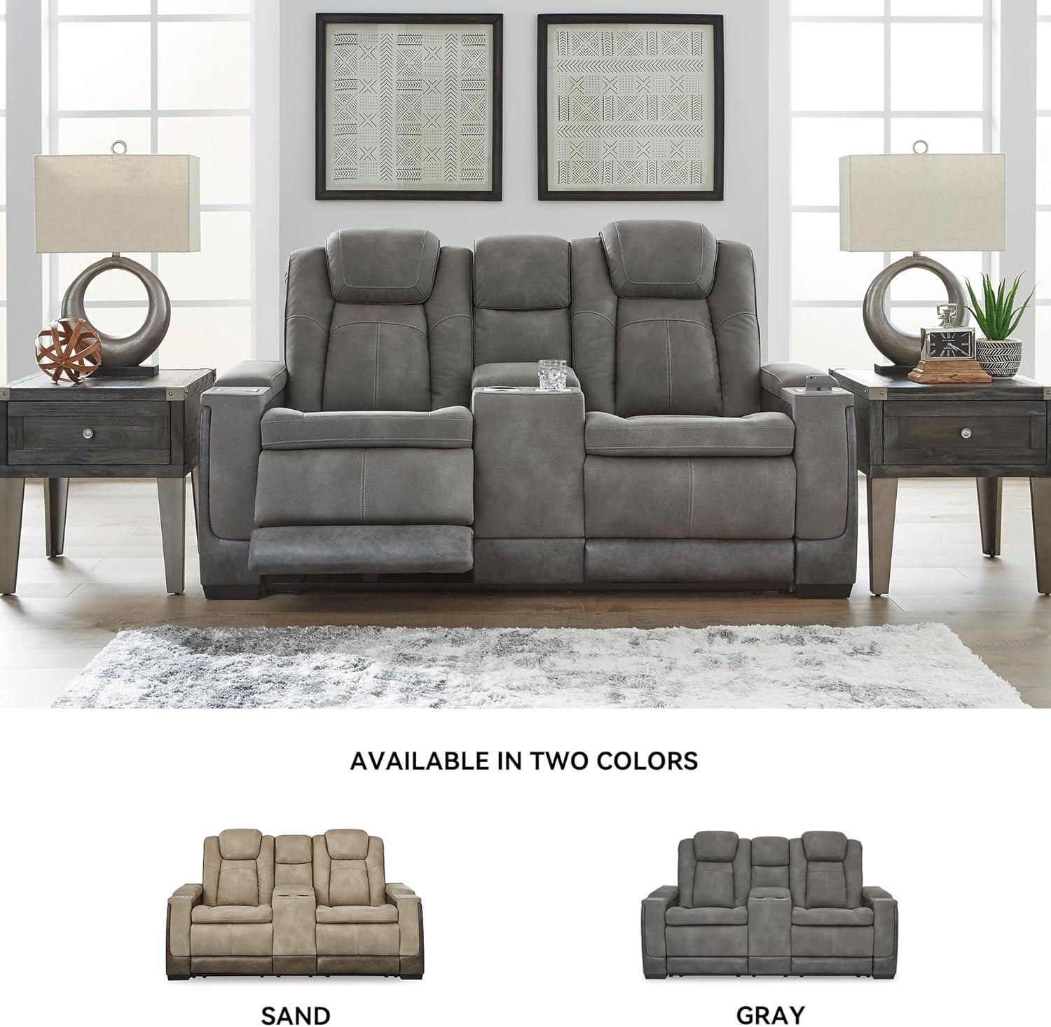 imageSignature Design by Ashley NextGen DuraPella Power Reclining Loveseat with Console ampamp Adjustable Headrest SandGrey
