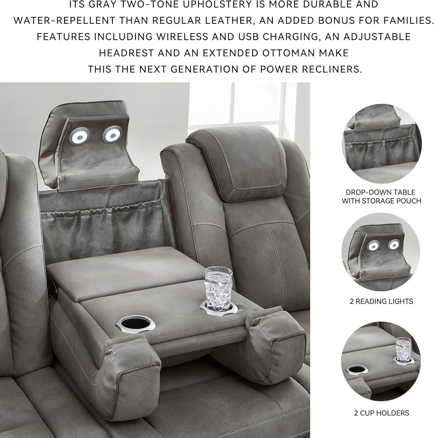 imageSignature Design by Ashley NextGen DuraPella Power Reclining Loveseat with Console ampamp Adjustable Headrest SandGrey