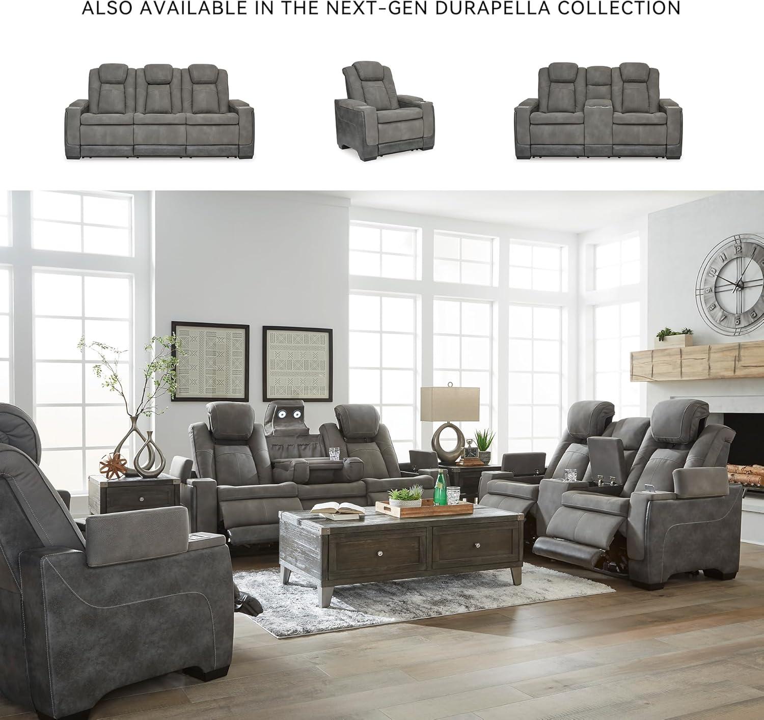 imageSignature Design by Ashley NextGen DuraPella Power Reclining Loveseat with Console ampamp Adjustable Headrest SandGrey