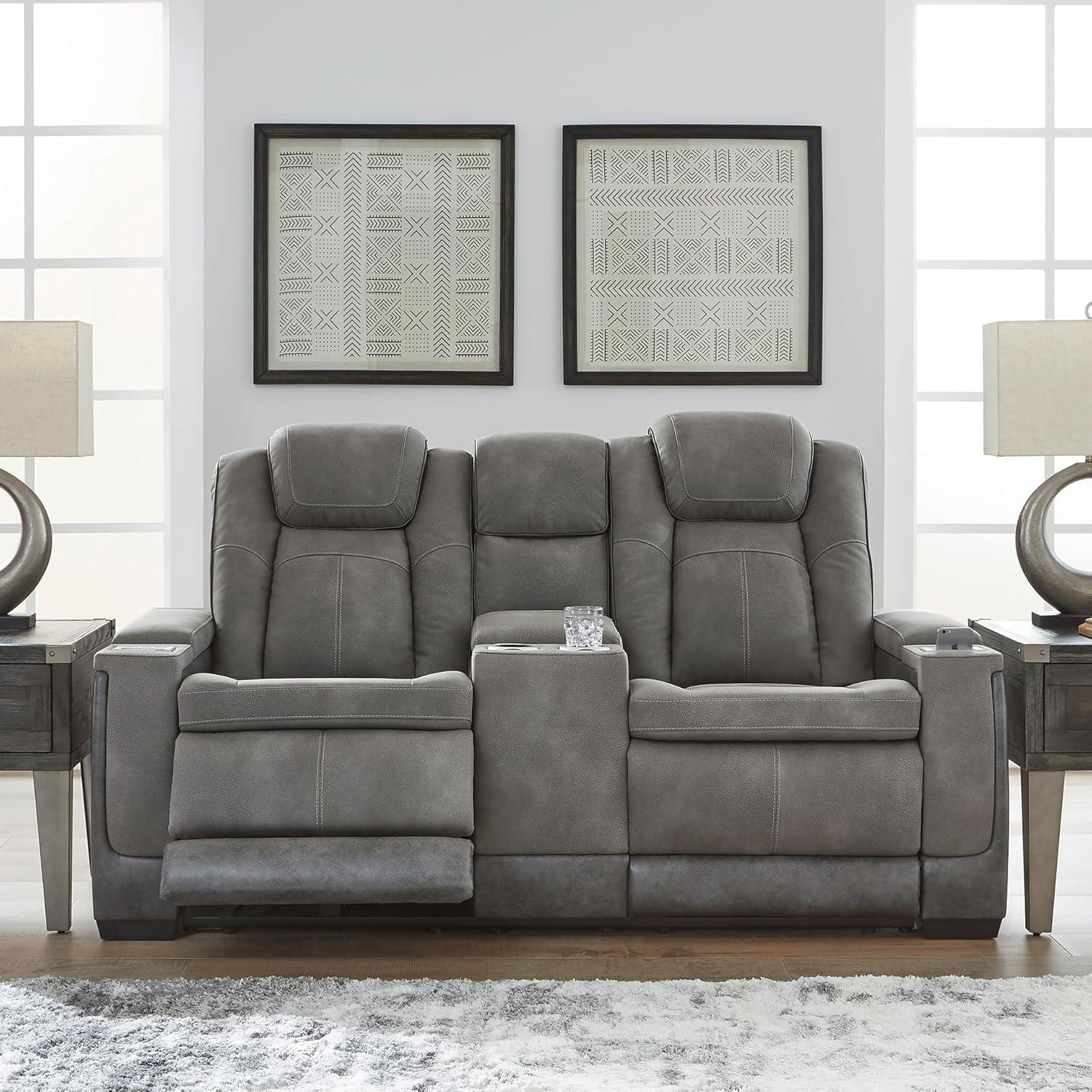imageSignature Design by Ashley NextGen DuraPella Power Reclining Loveseat with Console ampamp Adjustable Headrest SandGrey