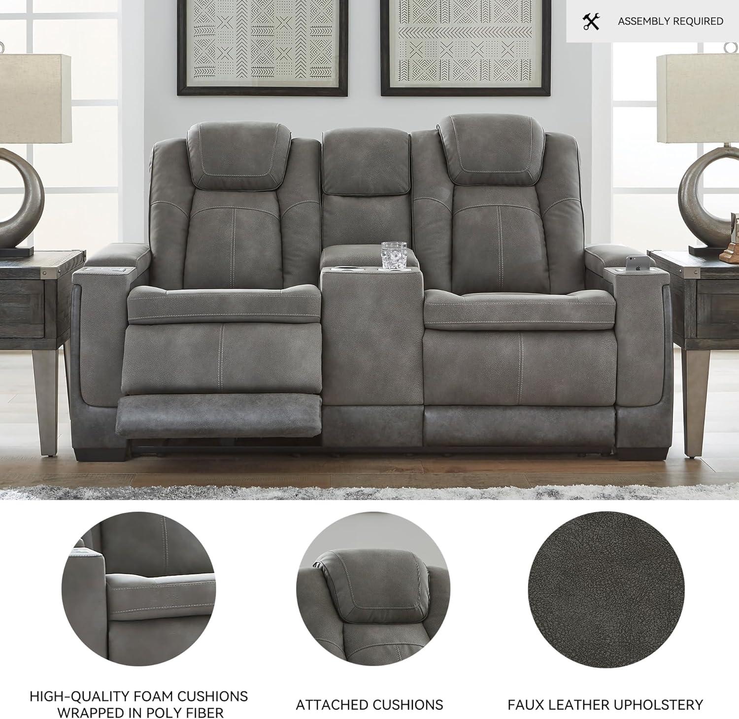 imageSignature Design by Ashley NextGen DuraPella Power Reclining Loveseat with Console ampamp Adjustable Headrest SandGrey