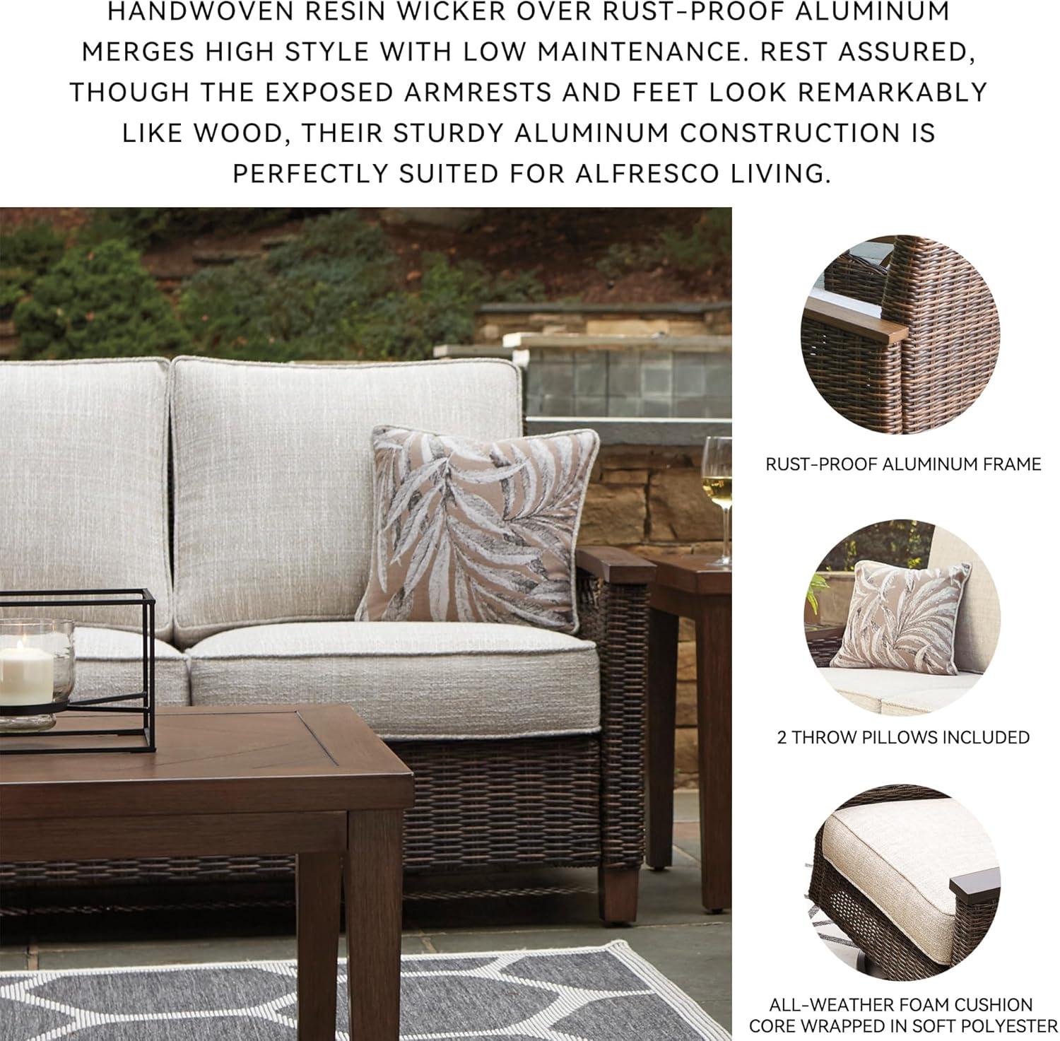 imageSignature Design by Ashley Paradise Trail Outdoor Patio Sofa with Cushion and 2 Pillows Brown ampamp BeigeLoveseat with Cushion