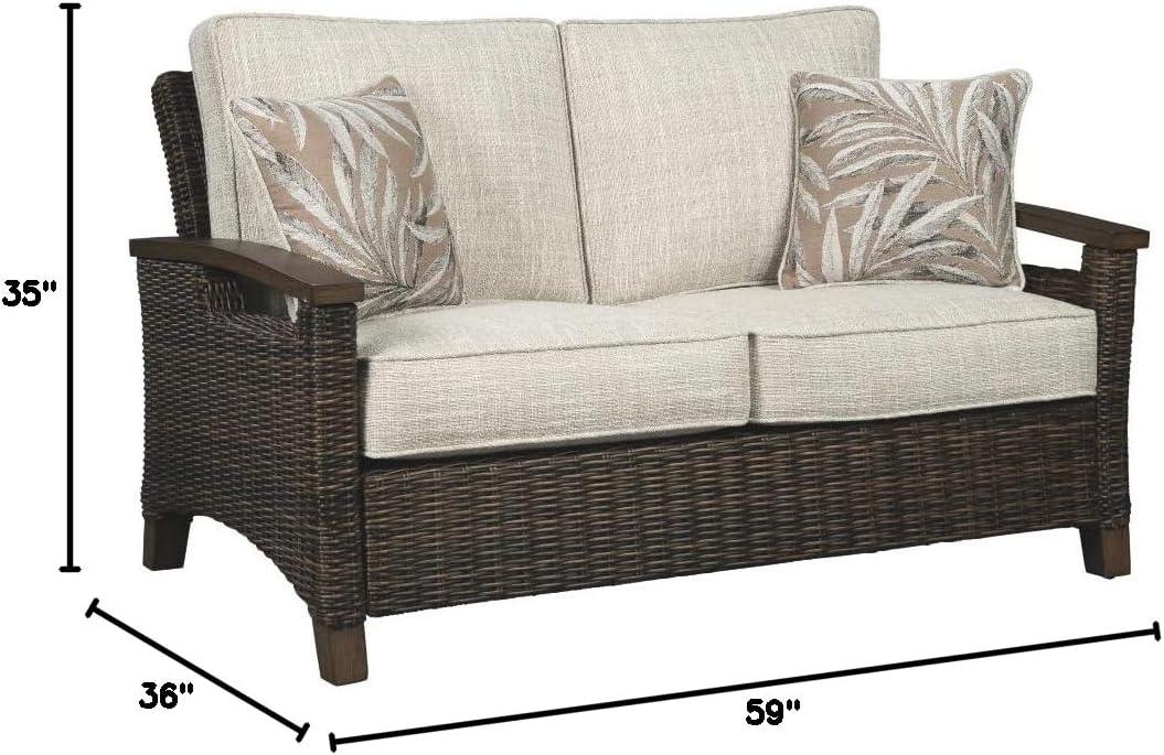 imageSignature Design by Ashley Paradise Trail Outdoor Patio Sofa with Cushion and 2 Pillows Brown ampamp BeigeLoveseat with Cushion