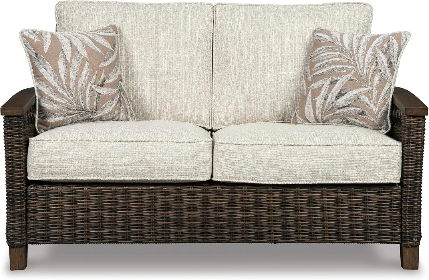 imageSignature Design by Ashley Paradise Trail Outdoor Patio Sofa with Cushion and 2 Pillows Brown ampamp BeigeLoveseat with Cushion