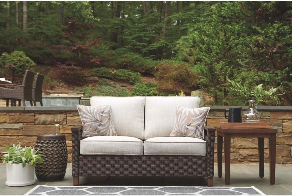 imageSignature Design by Ashley Paradise Trail Outdoor Patio Sofa with Cushion and 2 Pillows Brown ampamp BeigeLoveseat with Cushion