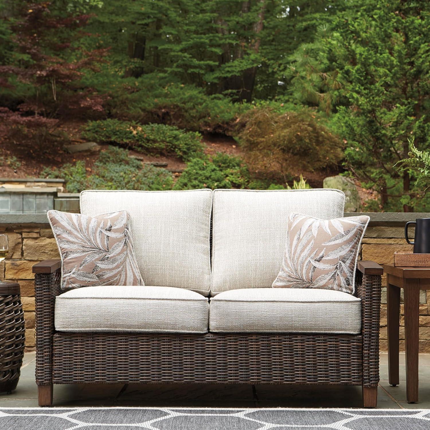 imageSignature Design by Ashley Paradise Trail Outdoor Patio Sofa with Cushion and 2 Pillows Brown ampamp BeigeLoveseat with Cushion