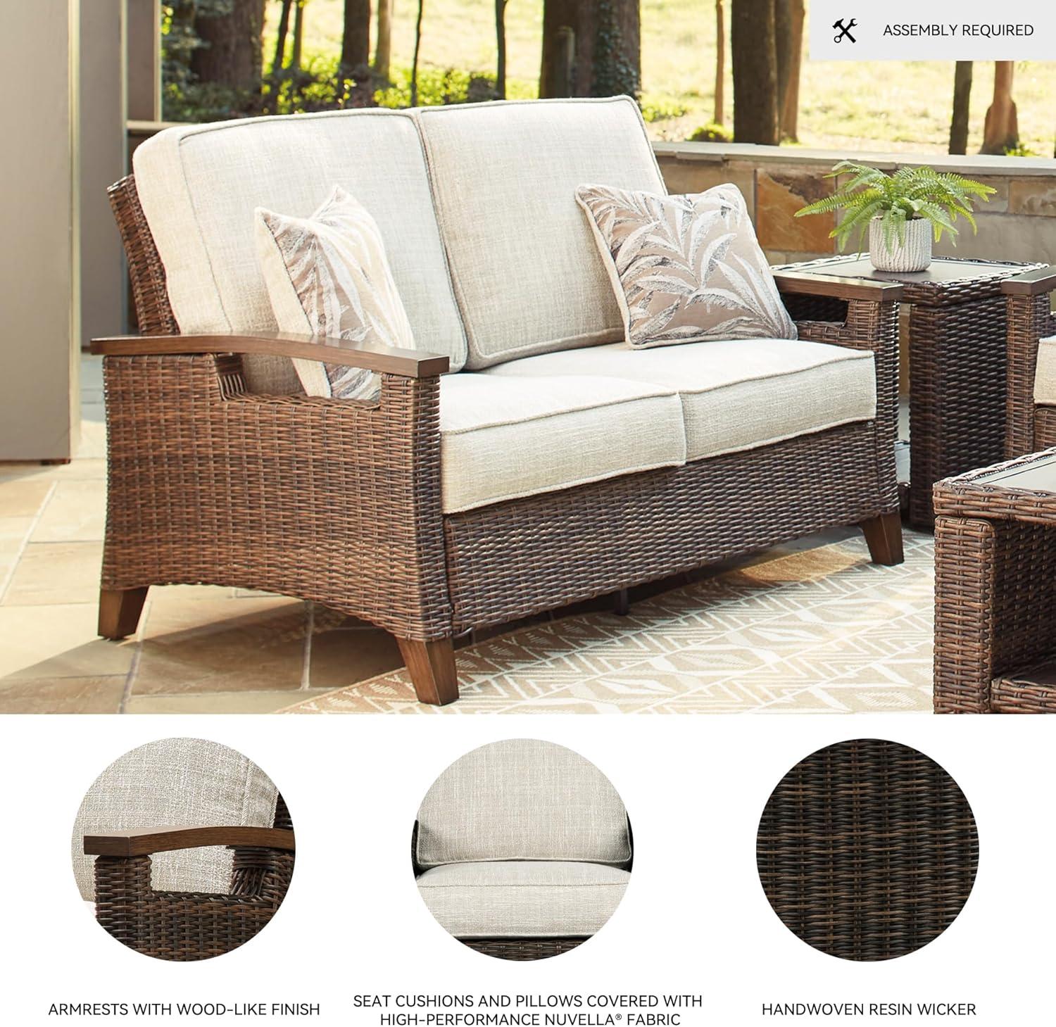 imageSignature Design by Ashley Paradise Trail Outdoor Patio Sofa with Cushion and 2 Pillows Brown ampamp BeigeLoveseat with Cushion