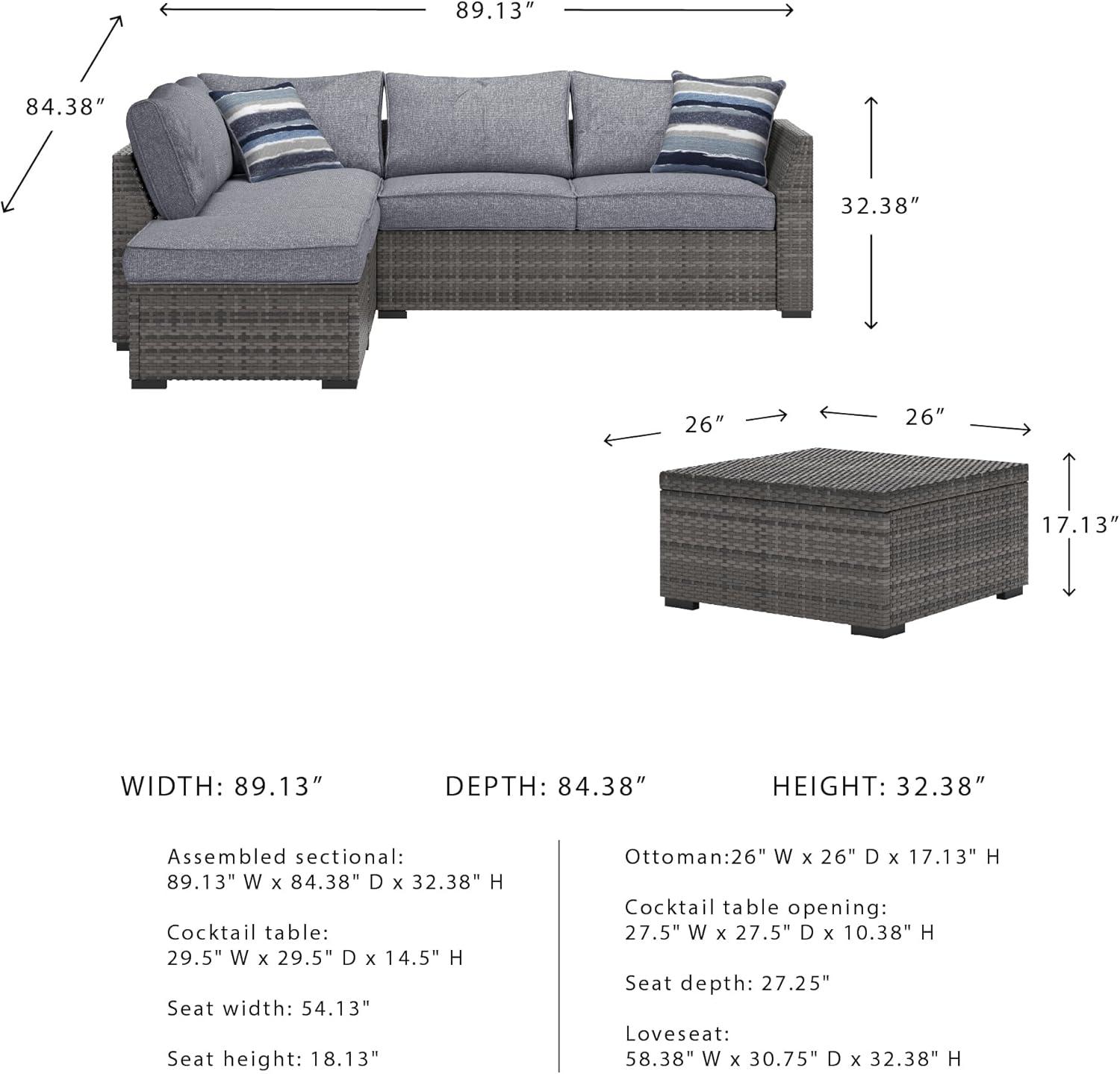 imageSignature Design by Ashley Petal Road Casual Nuvella Weather Resistant Fabric Cushioned Outdoor Loveseat SectionalOttomanTable Set with 2 Throw Pillows Set of 4 Gray
